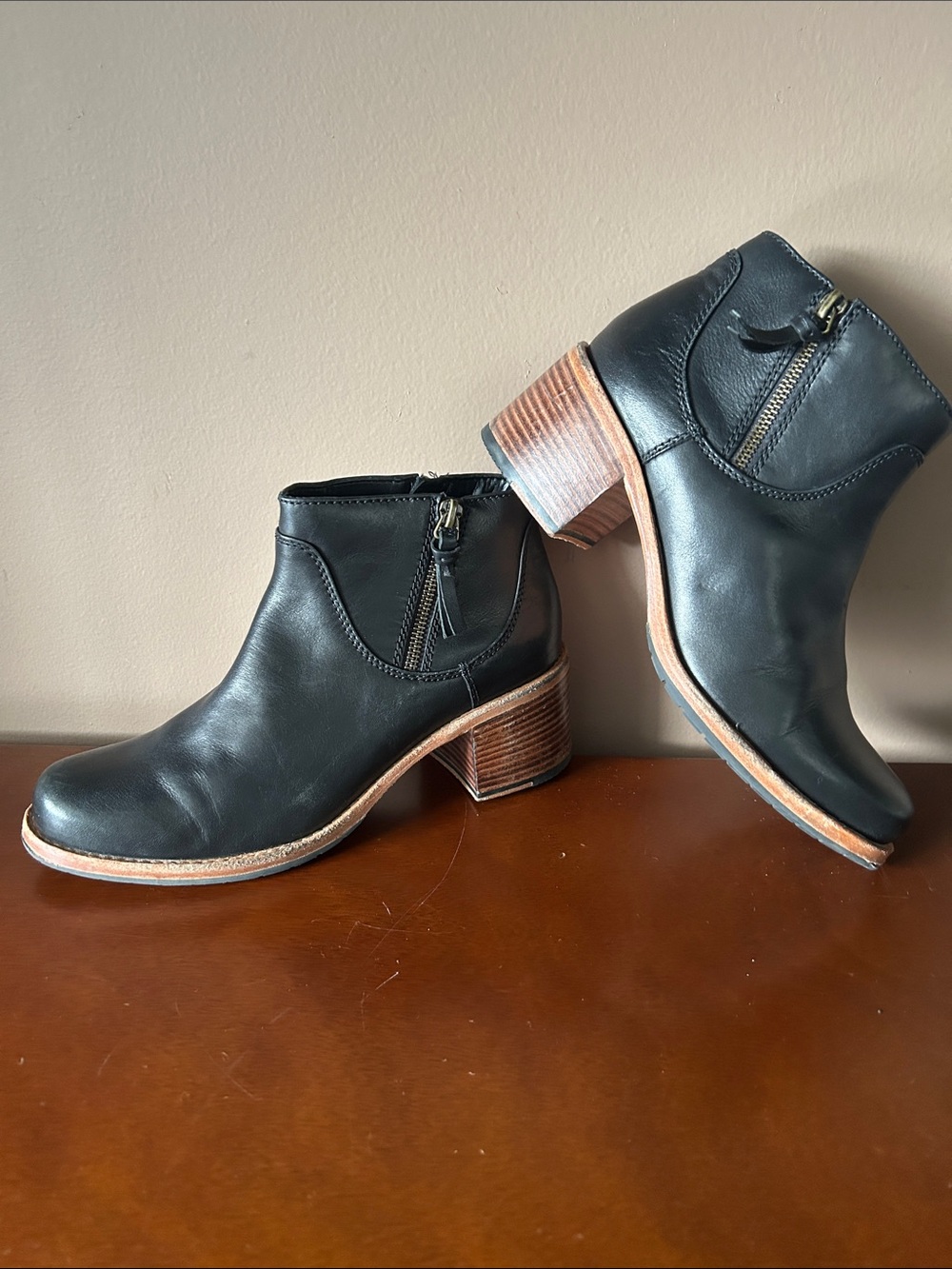 Clarks Black Leather Ankle Booties with Stacked Wood Heel